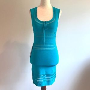Fitted Turquoise Crochet Bebe Mini Dress XS - NWT